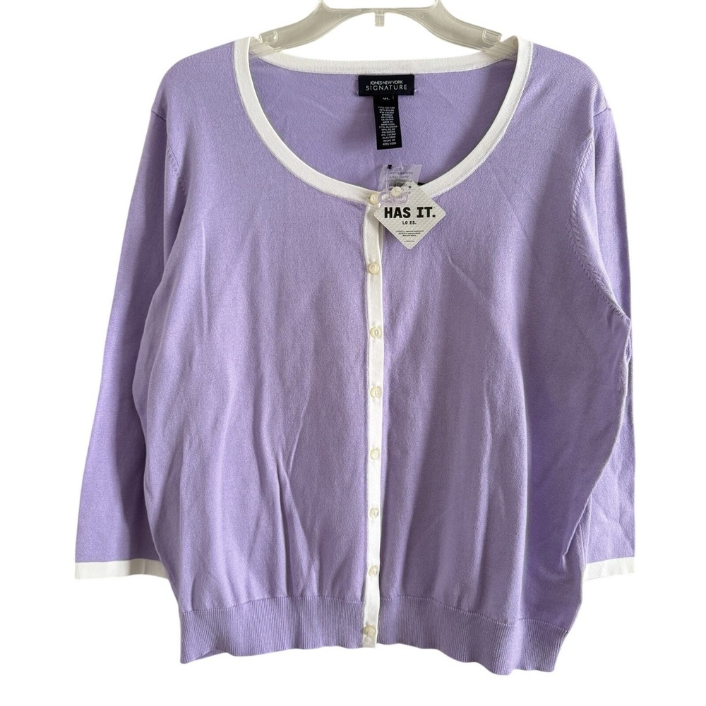 Jones New York Signature Lavender Granny White Trim Cardigan Sweater XL NWT